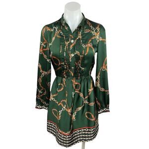 Zara Green Chain Print Pleated Front Long Sleeve Button Mini A-Line Dress Sz XS